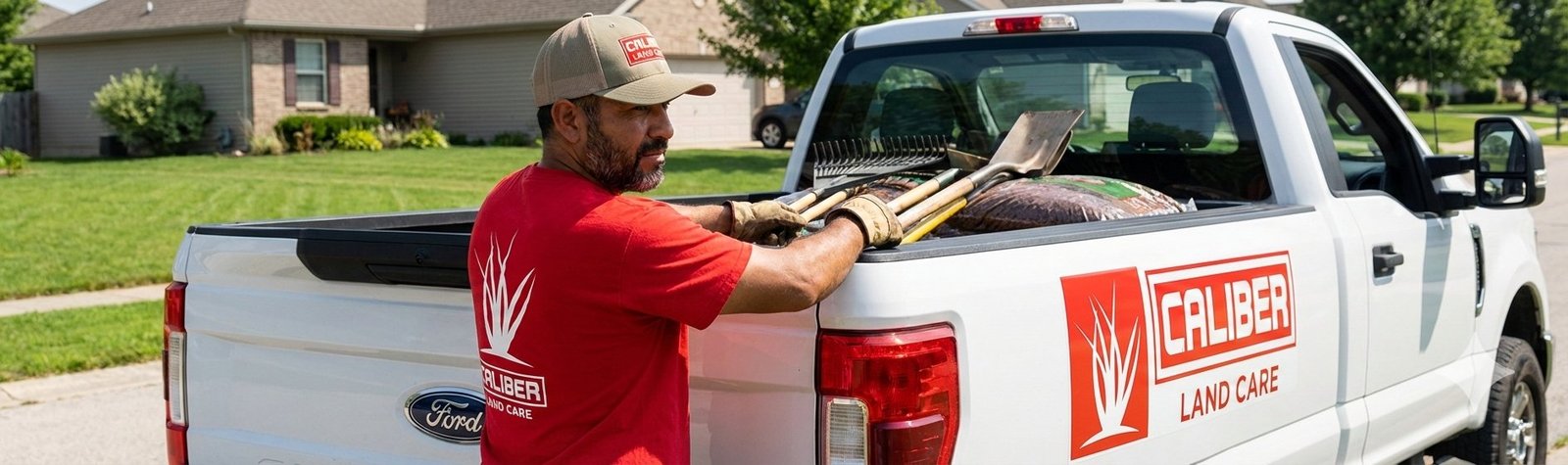 Caliber Land Care team with branded truck and equipment in a Jacksonville TX neighborhood